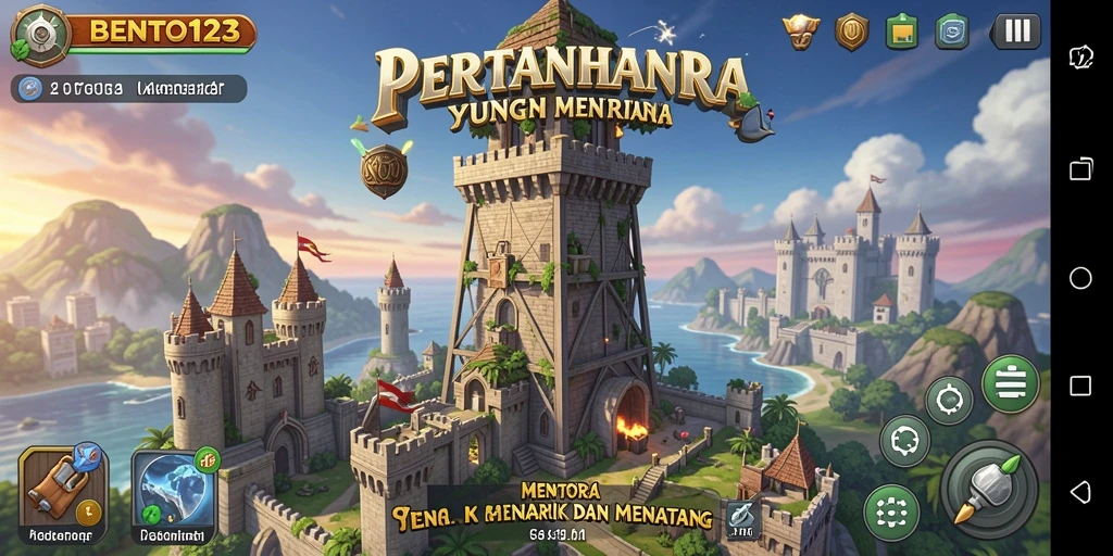 Tampilan gameplay BENTO123 menara yang beraksi melawan gelombang musuh.