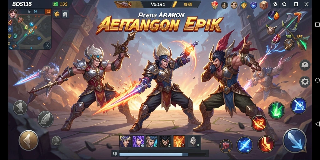 Tangkapan layar utama BOS138 menampilkan aksi intens di arena MOBA.