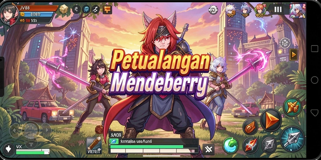 Tampilan gameplay JV88 dengan karakter anime bertarung.