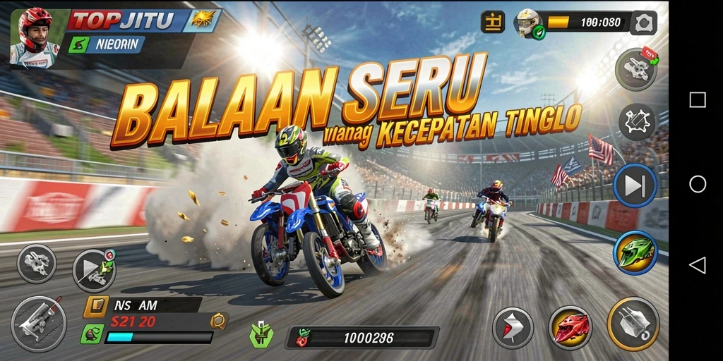 Screenshot utama TOPJITU menampilkan momen balapan yang intens dan mendebarkan.