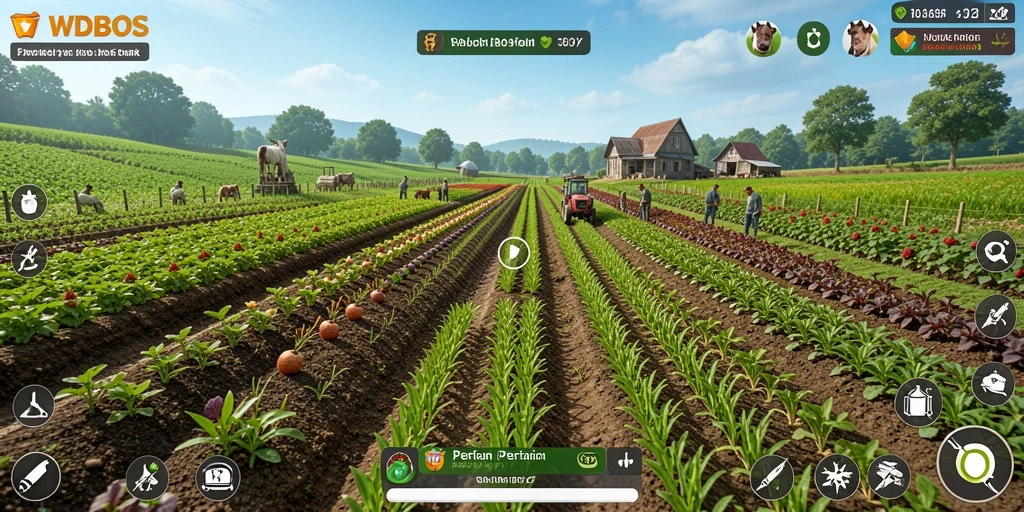 Screenshot gameplay WDBOS yang menampilkan ladang yang subur dan aktivitas bertani.